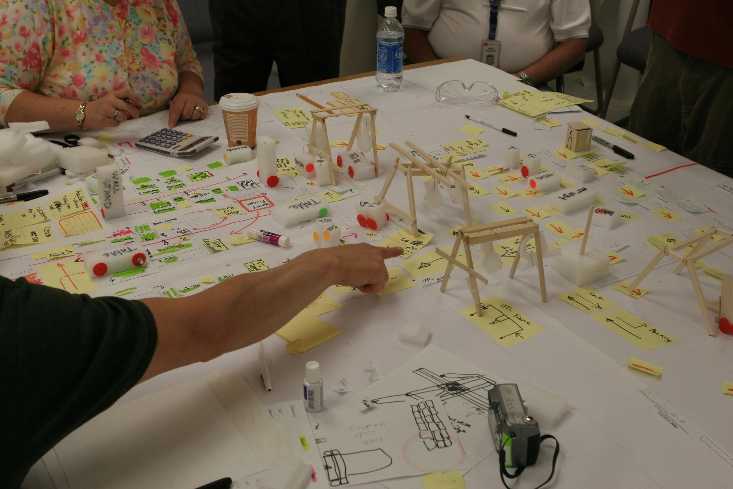 A 3P design table covered in hand drawn layouts, sticky notes and cardboard mock-ups, with participants pointing at a proposed work cell.